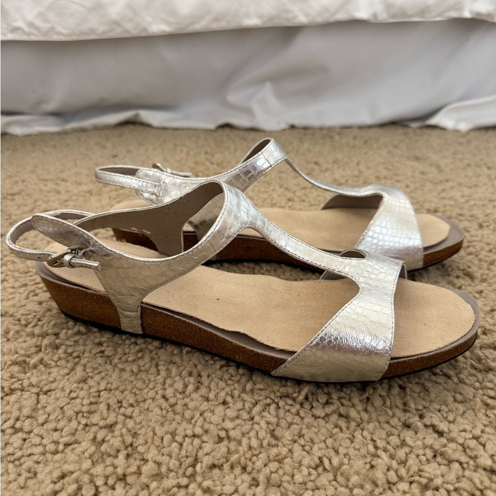 Me Too Silver Sandals with Ankle Strap and Wedge Heel